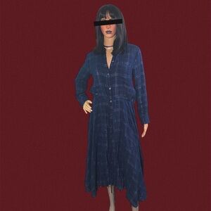 Zara blue plaid midi dress with button down front and long sleeves